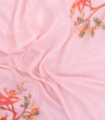 Pink Printed Synthetic Linen Saree With Bird Motifs-SY0173