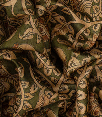 Dark Olive Handwoven Printed Tussar Silk Saree With Bird Motifs-Dark Olive