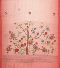 Red Woven Linen Saree With Embroidered Tree Motifs-LI0756