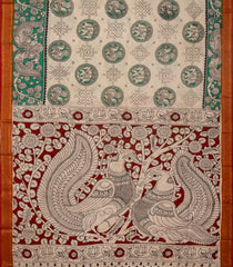 Taupe Woven Kalamkari Printed Cotton Saree With Annam Motifs