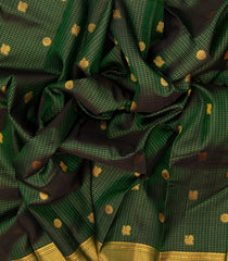 Bottle Green Handloom Kanchipuram Silk Saree With Checks & Annam Buttas