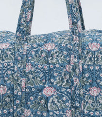 Blue Handmade Duffle Bag With Printed Motifs With Zipper (9"H X 14"W X 7"D)-ACS1051