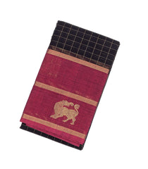 Black Handloom Kanchi Cotton Saree With Zari Checks & Pink Border