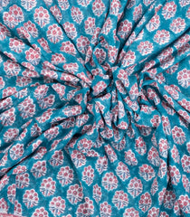 Cyan Printed Jaipur Cotton Saree With Floral Motifs-JC1446