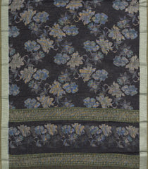Black Woven Art Linen Saree With Printed Floral Motifs and olive Green Border-BL4675