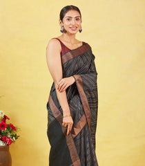 Black Handloom Tussar Silk Saree With Printed Stripes Motifs