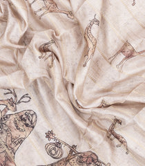 Cream Printed Synthetic Dupion Saree With Zari Stripes & Brown Border-SY0236