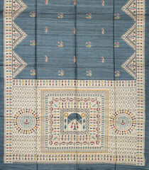 Grey Handloom Tussar Silk Saree With Printed Tribal Motifs-TU2629