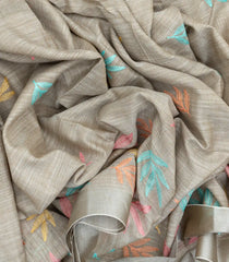 Beige Woven Art Linen Saree With Embroidered Floral Motifs-BL3769