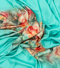 Turquoise Woven Pure Satin Silk Saree With Printed Floral Motifs