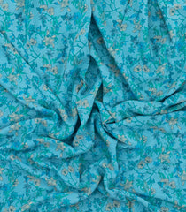 Cyan Printed Crepe Silk Saree With Floral Motifs-PS0886
