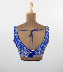 Blue Embroidered Blended Raw Silk Readymade Sleeveless Blouse RB5204