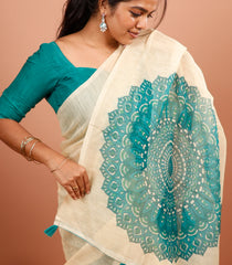 Cream Printed Synthetic Linen Saree With Floral Motifs-SY0494