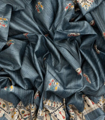 Grey Handloom Tussar Silk Saree With Printed Tribal Motifs-TU2629