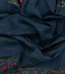 Indigo Printed Tussar Silk Saree With Floral Motifs In Border-TU3689