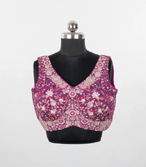 Purple Embroidered Blended Raw Silk Readymade Sleeveless Blouse RB5207