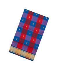 Red & Blue Handloom Silk Cotton Saree With Checks & Zari Buttas-SC4611