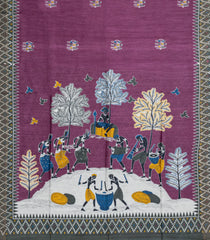 Magenta Printed Tussar Silk Saree With Tribal Motifs-TU3441