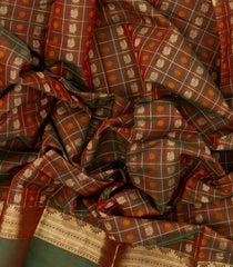Brown Handloom Kanchi Cotton Saree With Checks & Contrast Border-KC1643