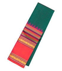 Dark Green Handloom Korvai Kanchipuram Silk Saree With Stripes & Contrast Border-KA13376