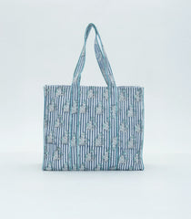 Light Blue Bagru Printed Handmade Cotton Quilted Tote Bag-ACS1027