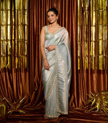 Light Blue Woven Organza Tissue Saree With  Embroidered Floral Motifs-EN1752