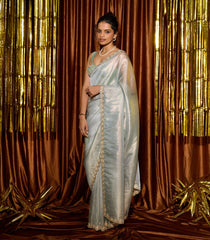 Light Blue Woven Organza Tissue Saree With  Embroidered Floral Motifs-EN1752