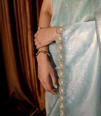 Light Blue Woven Organza Tissue Saree With  Embroidered Floral Motifs-EN1752