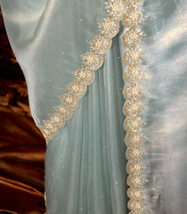 Light Blue Woven Organza Tissue Saree With  Embroidered Floral Motifs-EN1752