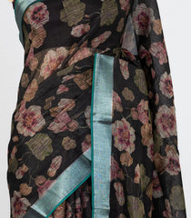 Black Woven Art Linen Saree With Printed Floral Motifs and Dark Green Border-BL4679