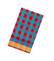 Cyan & Red Handloom Silk Cotton Saree With Checks & Zari Buttas-SC4624