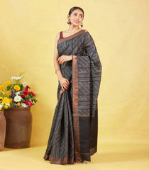 Black Handloom Tussar Silk Saree With Printed Stripes Motifs