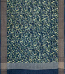 Navy Blue Printed Chanderi Cotton Saree With Bird Motifs & Zari Border-CC1656
