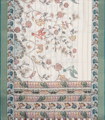 Cream Printed Synthetic Dupion Saree With Zari Stripes & Cyan Border-SY0238
