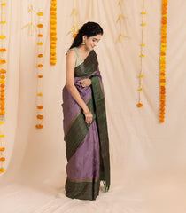 Lavender Handloom Soft Silk Saree With Zari Stripes & Contrast Border-KA13982