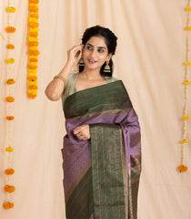 Lavender Handloom Soft Silk Saree With Zari Stripes & Contrast Border-KA13982