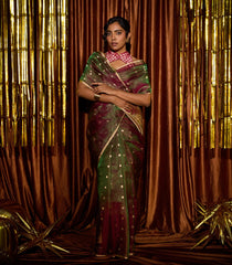 Dark Green Handloom Banarasi Tissue Silk Saree With Floral Motifs-BE1652