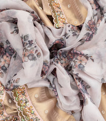 Off White Woven Fuchsia Georgette Digital Printed Saree With Embroidered Motifs & Handbag-BL3803
