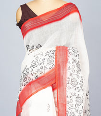 White Woven Art Linen Saree With Printed Floral Motifs & Red Border-BL4634