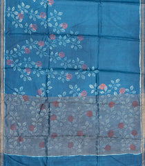Blue Handloom Tussar Silk Saree With Printed Floral Motifs-TU2641