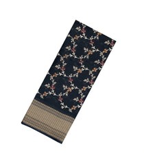 Black Printed Synthetic Dola Silk Saree With Floral Motifs & Zari Stripes-SY0466