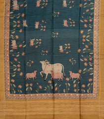 Teal Woven Tussar Silk Saree With Printed Pichwai Motifs-TU3208