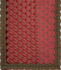 Red Woven Net Saree With Embroidered Floral Motifs & Contrast Border-EN1867