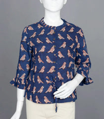 Indigo Blue Bird Print Ruffled-Neck Top with Tie-Up-RB5242