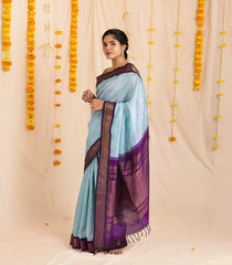 Turquoise Handloom Korvai Silk Cotton Saree With Checks & Contrast Border-SC3883