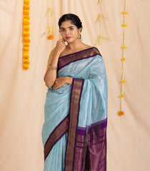 Turquoise Handloom Korvai Silk Cotton Saree With Checks & Contrast Border-SC3883