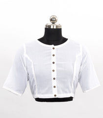 White Round Neck Cotton Blouse With Full Front Button-RB5225