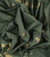 Shadow Green Handloom Kanchi Cotton Saree With Yazhi Buttas