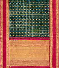 Dark Green Handloom Korvai Kanchipuram Silk Saree With Zari Checks & Buttas-KA15357