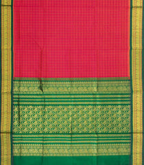 Red Handloom Korvai Silk Cotton Saree With Checks & Contrast Border-SC4511
